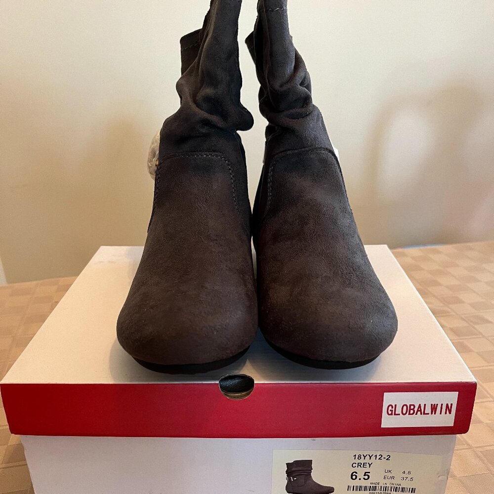 Globalwin Faux Suede Gray / Brown Slouch Boots - Size 6.5